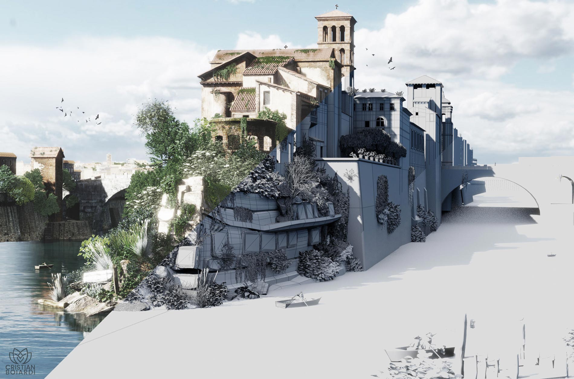 Cristian Boiardi - ricostruzione Isola Tiberina al tempo di Piranesi